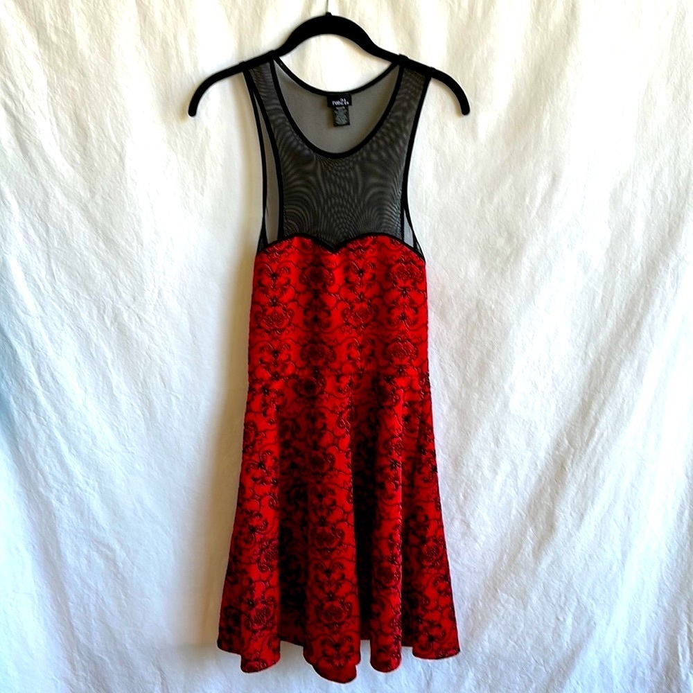 Rue 21 mesh red and black top skater girl dress, size M